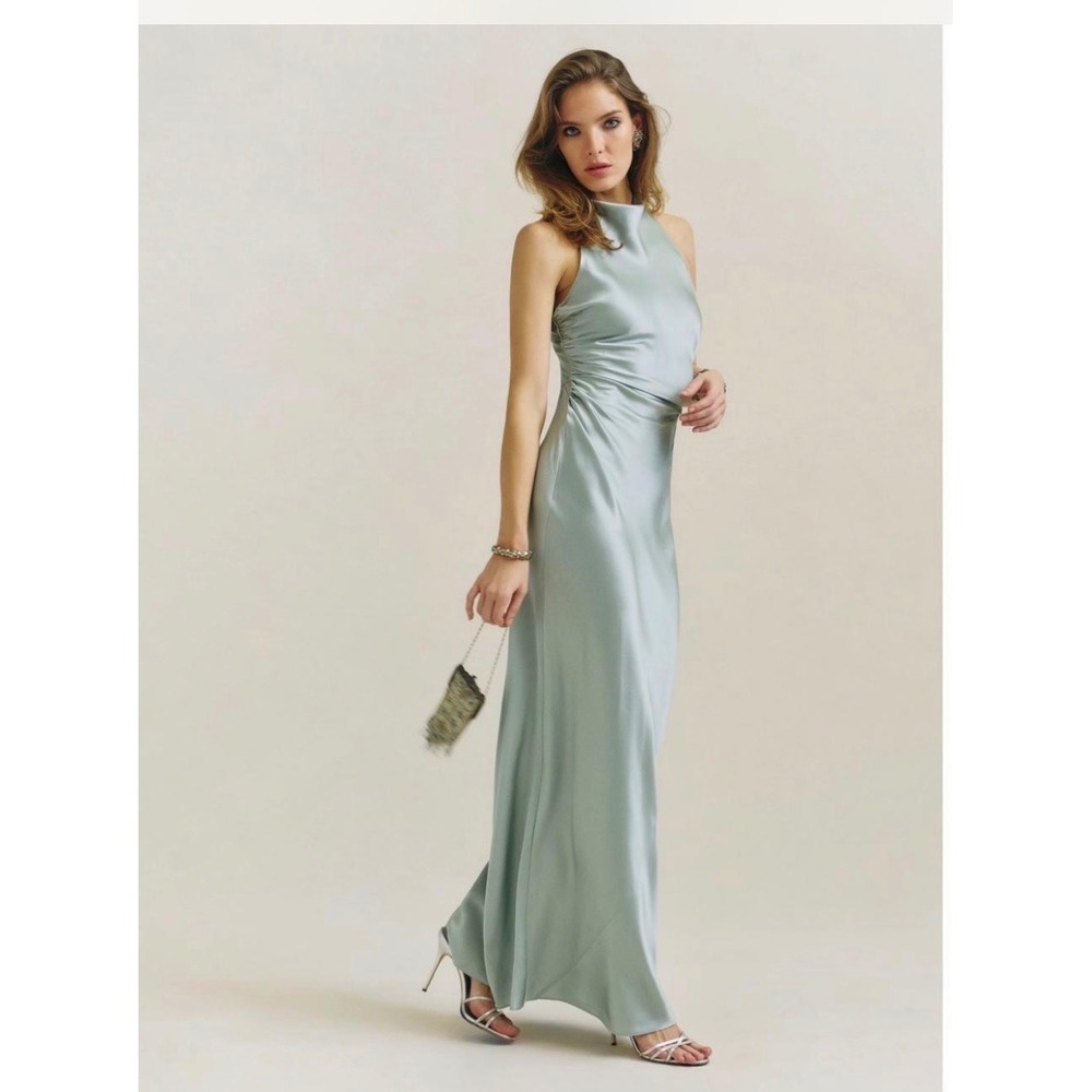 NEW Reformation Anaiis Silk Dress Aquamarine Blue Green High Neck Maxi Size 12